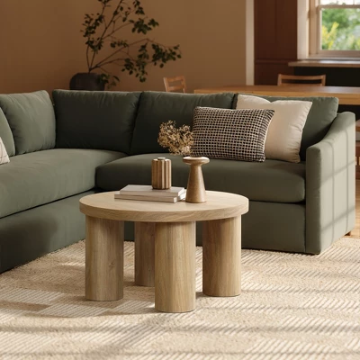 LuxenHome Round Wood Coffee Table With 4 Pillar Legs, 27.5" Modern Farmhouse Oak Finish Low Accent Table With Sturdy Base For Living Room Brown 1 LuxenHome Round Wood Coffee Table With 4 Pillar Legs, 27.5" Modern Farmhouse Oak Finish Low Accent Table With Sturdy Base For Living Room Brown