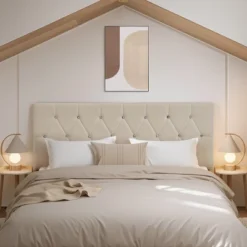 VECELO Tufted Upholstered Queen/King Size Headboard, 6 Adjustable Height, Easy Assembly, Beige/Black