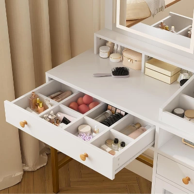 Makeup Vanity Desk With 3 Color Led Light, Makeup Vanity With Large Mirror And Power Outlet, Dressing Table With 2 Drawers White 55.9"H 5 Makeup Vanity Desk With 3 Color Led Light, Makeup Vanity With Large Mirror And Power Outlet, Dressing Table With 2 Drawers White 55.9"H - Image 5