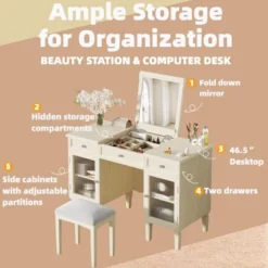 ModernLuxe Makeup Vanity Desk With Flip-Top Mirror, Stool, Drawer & Cabinet, White Vanity Table Dressing Table Multi-Functional Computer Writing Desk -Baxton Studio Sale Shop GUEST aefbc995 1eb5 4806 9d3b 34e9f3acc723