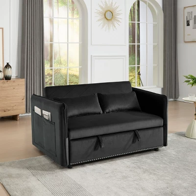 Modern 55" Convertible Velvet Sleeper Sofa Bed With Adjustable Backrest, Compact Pull-Out Loveseat For Small Apartments Or Offices-The Pop Home 1 Modern 55" Convertible Velvet Sleeper Sofa Bed With Adjustable Backrest, Compact Pull-Out Loveseat For Small Apartments Or Offices-The Pop Home
