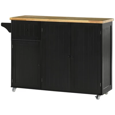 HOMCOM Triple-Cabinet Rolling Kitchen Island On Wheels, Kitchen Cart With Storage Shelf Adjustment, Rolling Utility Cart Wood, Big Drawer, Black 3 HOMCOM Triple-Cabinet Rolling Kitchen Island On Wheels, Kitchen Cart With Storage Shelf Adjustment, Rolling Utility Cart Wood, Big Drawer, Black - Image 3