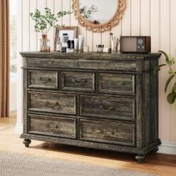 47" Farmhouse Dresser For Bedroom With 9 Drawers, Rustic Wood Chest With Vintage Metal Handles For Bedroom -Baxton Studio Sale Shop GUEST b0a2d05d 30d0 46ca 90e8 0811a9c86a93