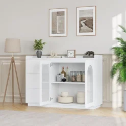 Sideboard Buffet Cabinet With Glass Doors, 48" Large Kitchen Buffet Table With 3 Drawers, Coffee Bar Storage Cabinet -Baxton Studio Sale Shop GUEST b0e01975 474a 4c03 ab0e 83c0339fd935