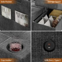 L-Shaped Sleeper Sofa Bed With Pull-Out Mattress, Storage Armrests, Cup Holders & USB, Space Saving Sectional Couch -Baxton Studio Sale Shop GUEST b29652b2 c499 46d2 9fbf 6d7d7d55fdaa