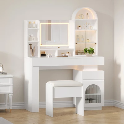 Arched Vanity Desk With Mirror And Lights, Makeup Vanity Table With 3 Drawers And 11 Storage Shelves, Large Dressing Table With Outlet 2 Arched Vanity Desk With Mirror And Lights, Makeup Vanity Table With 3 Drawers And 11 Storage Shelves, Large Dressing Table With Outlet - Image 2