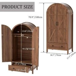 PAKASEPT 70.9‘’ Arched Wooden Armoire Wardrobe Closet With Drawers And Fluted Doors, With Light & Shelves And Hanging Rod, Brown
