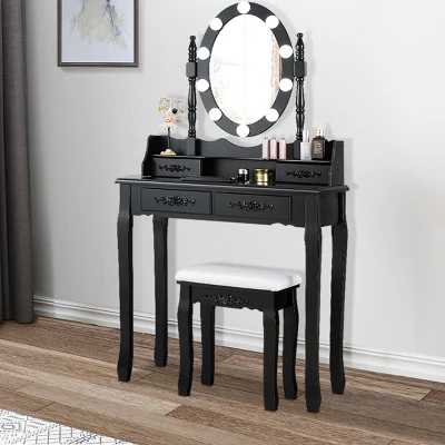 Tangkula Make-Up Vanity Table Dresser Set W/LED Light, Black Brown White 1 Tangkula Make-Up Vanity Table Dresser Set W/LED Light, Black Brown White