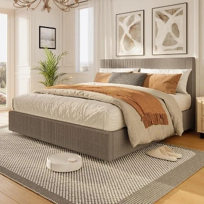 Full/ Queen/King Size Platform Bed Frame With Tufted Wingback Headboard, Corduroy Upholstered, 4 Storage Drawers, Wooden Slats, No Box Spring Needed 6 Full/ Queen/King Size Platform Bed Frame With Tufted Wingback Headboard, Corduroy Upholstered, 4 Storage Drawers, Wooden Slats, No Box Spring Needed - Image 6