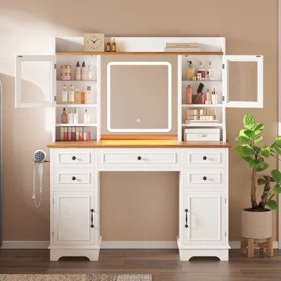 Vanity Desk With LED Lighted Mirror, Makeup Vanity Table With 5 Drawers, 4 Doors, And 3 Storage Shelves For Bedroom, Dressing Room 4 Vanity Desk With LED Lighted Mirror, Makeup Vanity Table With 5 Drawers, 4 Doors, And 3 Storage Shelves For Bedroom, Dressing Room - Image 4