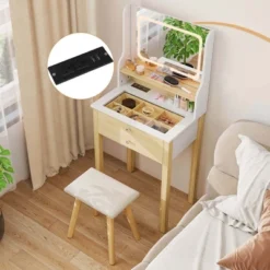 Costway Small Vanity Desk Set With Adjustable LED Lighted Mirror And Power Outlets White -Baxton Studio Sale Shop GUEST b60e2399 e026 4a0e 9398 e547caec27d9