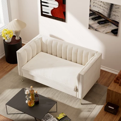 55 In. Wide Mid-Century Channel Tufted Velvet 2-Seater Sofa Couch Loveseat - Morden Fort 1 55 In. Wide Mid-Century Channel Tufted Velvet 2-Seater Sofa Couch Loveseat - Morden Fort