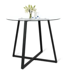 36'' Hana Glass Top Modern Round Dining Table Pedestal Black Leg-The Pop Maison -Baxton Studio Sale Shop GUEST b79a7c7c 48c8 43c3 b8c9 00bb9efe07aa