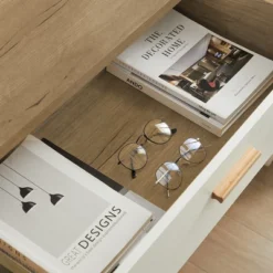 Modern 6 Drawer Dresser With Solid Wood Legs And Handles, White + Oak - ModernLuxe -Baxton Studio Sale Shop GUEST b7b3d3f0 f1e3 478a bd96 2600557fcd2e