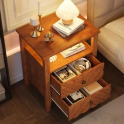 Night Stand With 2 Storage Drawers And Stable Wooden Legs, Farmhouse Nightstand W/V-Shaped Design & Open Storage Shelf -Baxton Studio Sale Shop GUEST b90f921b 4d82 4e67 b885 2e3afe0a15c7