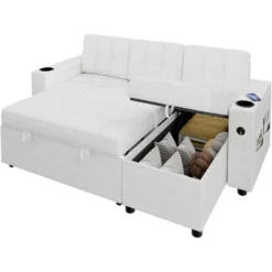 L-Shaped Sleeper Sofa Bed With Pull-Out Mattress, Storage Armrests, Cup Holders & USB, Space Saving Sectional Couch -Baxton Studio Sale Shop GUEST b9af8a18 3bc6 4c5d a16a bdd88c37ab79