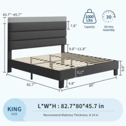 King Bed Frame Platform Bed With Adjustable Headboard, Linen Fabric Upholstered And Wooden Slats Support, Easy Assembly, Dark Grey