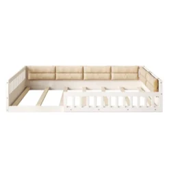 Full Size Upholstered Platform Bed Frame, Toddler Beds With Guardrail And Pillow 4W, Beige/Gray -ModernLuxe -Baxton Studio Sale Shop GUEST b9e3e410 3187 4291 a100 a63f39e73e6a