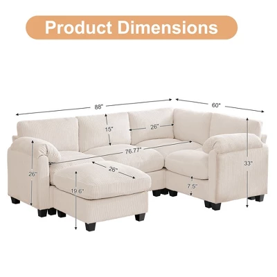 Corduroy Modular Sectional Sofa With Movable Ottoman, U-Shape Upholstered Comfy Couch With Two-Layer Seat Cushion For Living Room 8 Corduroy Modular Sectional Sofa With Movable Ottoman, U-Shape Upholstered Comfy Couch With Two-Layer Seat Cushion For Living Room - Image 8