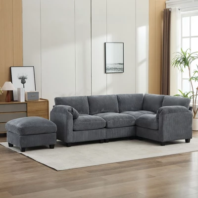 Corduroy Modular Sectional Sofa With Movable Ottoman, U-Shape Upholstered Comfy Couch With Two-Layer Seat Cushion For Living Room 11 Corduroy Modular Sectional Sofa With Movable Ottoman, U-Shape Upholstered Comfy Couch With Two-Layer Seat Cushion For Living Room - Image 11