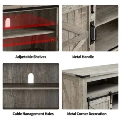 OKD 60-Inch Sliding Barn Door Wooden Farmhouse Highboy TV Table Stand Media Console Table With Adjustable Shelf And 150 Lb Capacity, Rustic Light Oak -Baxton Studio Sale Shop GUEST ba2f3a31 8f73 4f80 9025 a83143d9bd9d