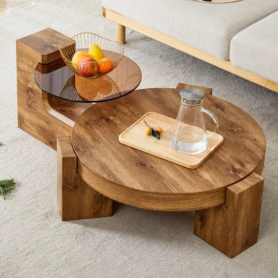 Modern 2-Piece Detachable Coffee Table Set With MDF Wood & Glass Top,Nesting Round Center Tables For Living Room-Baofuwish 9 Modern 2-Piece Detachable Coffee Table Set With MDF Wood & Glass Top,Nesting Round Center Tables For Living Room-Baofuwish - Image 9