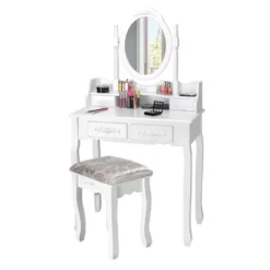 Costway Vanity Wood Makeup Dressing Table Stool Jewelry Desk 4 White -Baxton Studio Sale Shop GUEST bb5aad39 d9fc 41e5 bdd5 d493d550e673