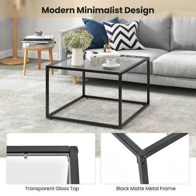 Tangkula Glass Coffee Table 27.5 Inch Modern Square Metal Frame Living Room Transparent 6 Tangkula Glass Coffee Table 27.5 Inch Modern Square Metal Frame Living Room Transparent - Image 6