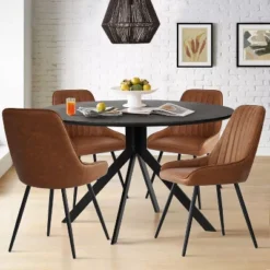 43'' Jones Solid Black Grain Round Dining Table With 4 Upholstered Faux Leather Tiny Armchairs With Metal Legs-The Pop Maison -Baxton Studio Sale Shop GUEST bc856f96 f8e2 4ebd 928d eca473c3f80f