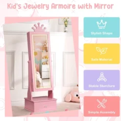 Kids Jewelry Armoire Cabinet With Full-Length Mirror, 46" Jewelry Armoire With Led Light, Jewelry Organizer With 3 Storage Drawers -Baxton Studio Sale Shop GUEST bcd72451 73d1 4247 a269 2e8f51e573e1