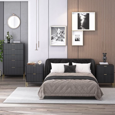 Festivo 3pc Modern Elegance 2 Drawer Nightstands And 5 Drawer Chest Set Black 2 Festivo 3pc Modern Elegance 2 Drawer Nightstands And 5 Drawer Chest Set Black - Image 2