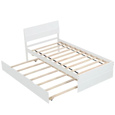 Modern Twin Bed Frame With Twin Trundle, Solid Wood Platform Bed With Headboard, No Box Spring Needed, Wooden Slats Supports, White 5 Modern Twin Bed Frame With Twin Trundle, Solid Wood Platform Bed With Headboard, No Box Spring Needed, Wooden Slats Supports, White - Image 5
