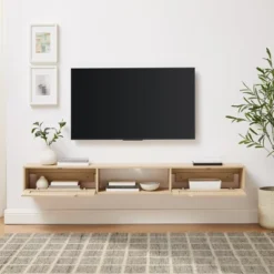 Modern Boho Floating TV Stand For TVs Up To 80" With Rattan Doors Coastal Oak - Saracina Home -Baxton Studio Sale Shop GUEST bdcb8965 2ebd 49d4 815a d3cfdbcfb1e9