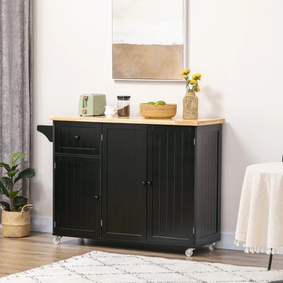 HOMCOM Triple-Cabinet Rolling Kitchen Island On Wheels, Kitchen Cart With Storage Shelf Adjustment, Rolling Utility Cart Wood, Big Drawer, Black 1 HOMCOM Triple-Cabinet Rolling Kitchen Island On Wheels, Kitchen Cart With Storage Shelf Adjustment, Rolling Utility Cart Wood, Big Drawer, Black