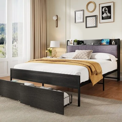 Full Bed Frame With Headboard And Storage, Heavy Duty Bed Frames With 2 Storage Drawers, Black Bedframe With Charging Station, No Box Spring Needed 6 Full Bed Frame With Headboard And Storage, Heavy Duty Bed Frames With 2 Storage Drawers, Black Bedframe With Charging Station, No Box Spring Needed - Image 6