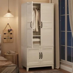 Armoire Wardrobe Closet With 4 Doors,72" Wooden Wardrobe Cabinet With Hanging Rod, Freestanding Tall Clothing Armoire Cabinet With Adjustable Shelves -Baxton Studio Sale Shop GUEST be97d518 3649 4478 9fd2 0cb541262c39 2