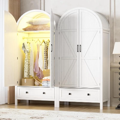 PAKASEPT 70.9‘’ Arched Wooden Armoire Wardrobe Closet With Drawers And Fluted Doors, With Light & Shelves And Hanging Rod, White 5 PAKASEPT 70.9‘’ Arched Wooden Armoire Wardrobe Closet With Drawers And Fluted Doors, With Light & Shelves And Hanging Rod, White - Image 5