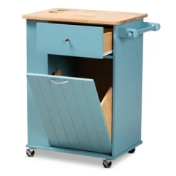 Liona Sky Wood Kitchen Storage Cart Blue/Natural - Baxton Studio