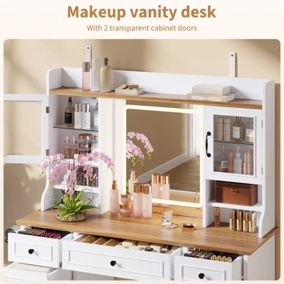 Vanity Desk With LED Lighted Mirror, Makeup Vanity Table With 5 Drawers, 4 Doors, And 3 Storage Shelves For Bedroom, Dressing Room 3 Vanity Desk With LED Lighted Mirror, Makeup Vanity Table With 5 Drawers, 4 Doors, And 3 Storage Shelves For Bedroom, Dressing Room - Image 3