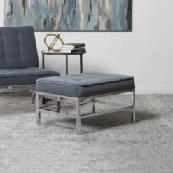 Ashlar Velvet Tufted Ottoman Blue Dusk - Studio Designs Home