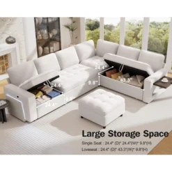 Vipbear 7 Seat L Shaped Modular Sectional Sleeper Sofa Bed With Pull Out Bed/Reclining Backrest/USB Ports/Table/LED Light/Storage Seat, Chenille -Baxton Studio Sale Shop GUEST c08bb4c7 6b9d 41fa ac01 067c9a2f9ecc