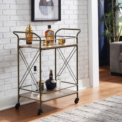 Keene Bronze Finish And Wood Double Cross Bar Cart Bronze/Walnut - Inspire Q 1 Keene Bronze Finish And Wood Double Cross Bar Cart Bronze/Walnut - Inspire Q