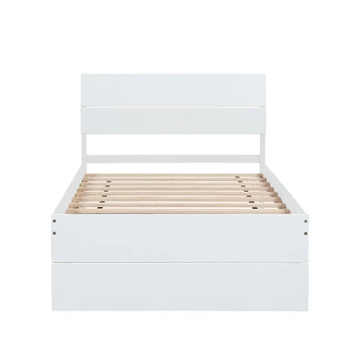 Modern Twin Bed Frame With Twin Trundle, Solid Wood Platform Bed With Headboard, No Box Spring Needed, Wooden Slats Supports, White 4 Modern Twin Bed Frame With Twin Trundle, Solid Wood Platform Bed With Headboard, No Box Spring Needed, Wooden Slats Supports, White - Image 4