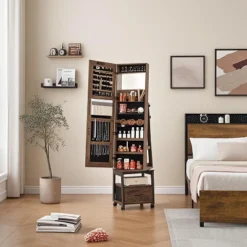 360° Swivel Jewelry Armoire, Floor Standing Full Length Mirror With Rear Storage Shelves, Lockable Jewelry Cabinet With Bottom Drawer And Wheels -Baxton Studio Sale Shop GUEST c3892f0f ed2a 4786 9235 f39eb61ac130