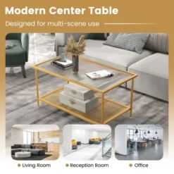 Costway 2-Tier Coffee Table With Shelf With Tempered Glass Top & Metal Frame Living Room -Baxton Studio Sale Shop GUEST c4308bb8 fbdf 400c 919a e04291838a64