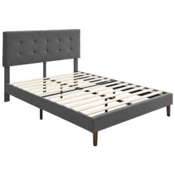 BIKAHOM Upholstered Platform Bed With Square Stitch Headboard, Dark Grey -Baxton Studio Sale Shop GUEST c4a5272a 8881 4d95 8f31 78cc56972f32