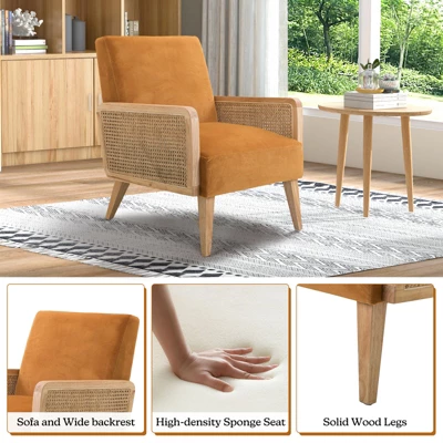 Chloé Cane Arm Chair With Wood Base Living Room Upholstered Accent Chair With Rattan Armrest | Karat Home 2 Chloé Cane Arm Chair With Wood Base Living Room Upholstered Accent Chair With Rattan Armrest | Karat Home - Image 2