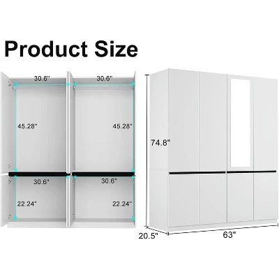 TIRAMISUBEST 74" White 4-Door Wardrobe With Mirror - Freestanding Armoire Closet With 2 Hanging Rods For Bedroom Storage (74.8"H) 2 TIRAMISUBEST 74" White 4-Door Wardrobe With Mirror - Freestanding Armoire Closet With 2 Hanging Rods For Bedroom Storage (74.8"H) - Image 2