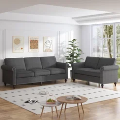 Mjkone 2 Piece Living Room Sofa Set With Rivet Design,Linen Fabric W76''3-Seater Sofa Couch With W53''Loveseat Sofa -Baxton Studio Sale Shop GUEST c5809e59 6be9 4b48 b2da 09fa72937af6