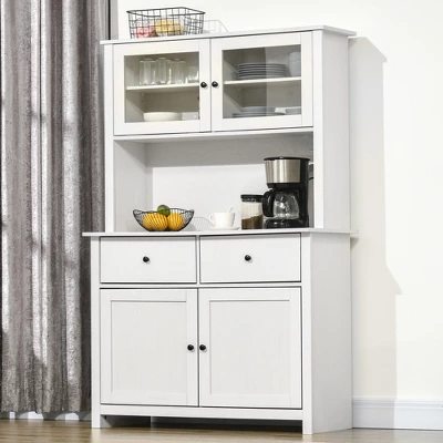 HOMCOM 63.5" Kitchen Buffet With Hutch, Pantry Storage Cabinet With 4 Shelves, Drawers, Framed Glass Doors, Open Microwave Countertop, Antique White 1 HOMCOM 63.5" Kitchen Buffet With Hutch, Pantry Storage Cabinet With 4 Shelves, Drawers, Framed Glass Doors, Open Microwave Countertop, Antique White
